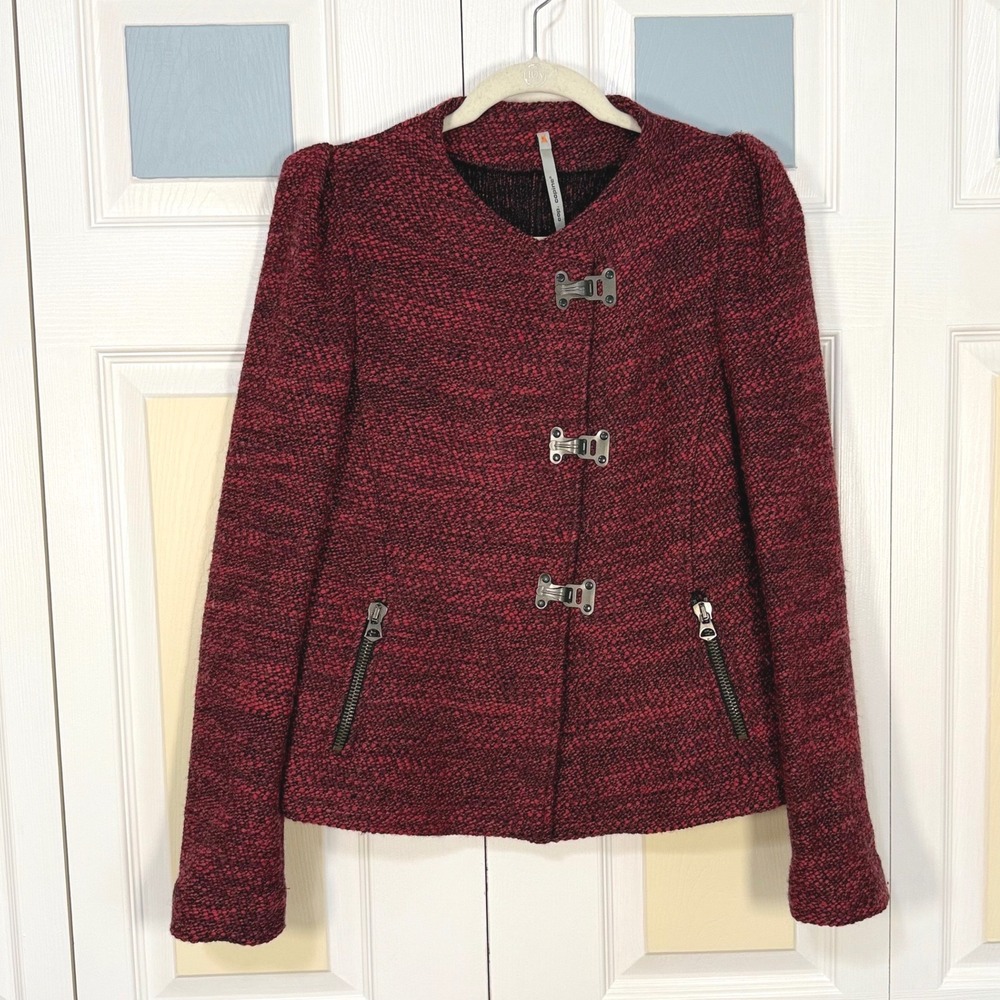 Cop.Copine Rosaura Veste Burgundy Wool Blend Clasp Front Puff Shoulder Jacket 36
